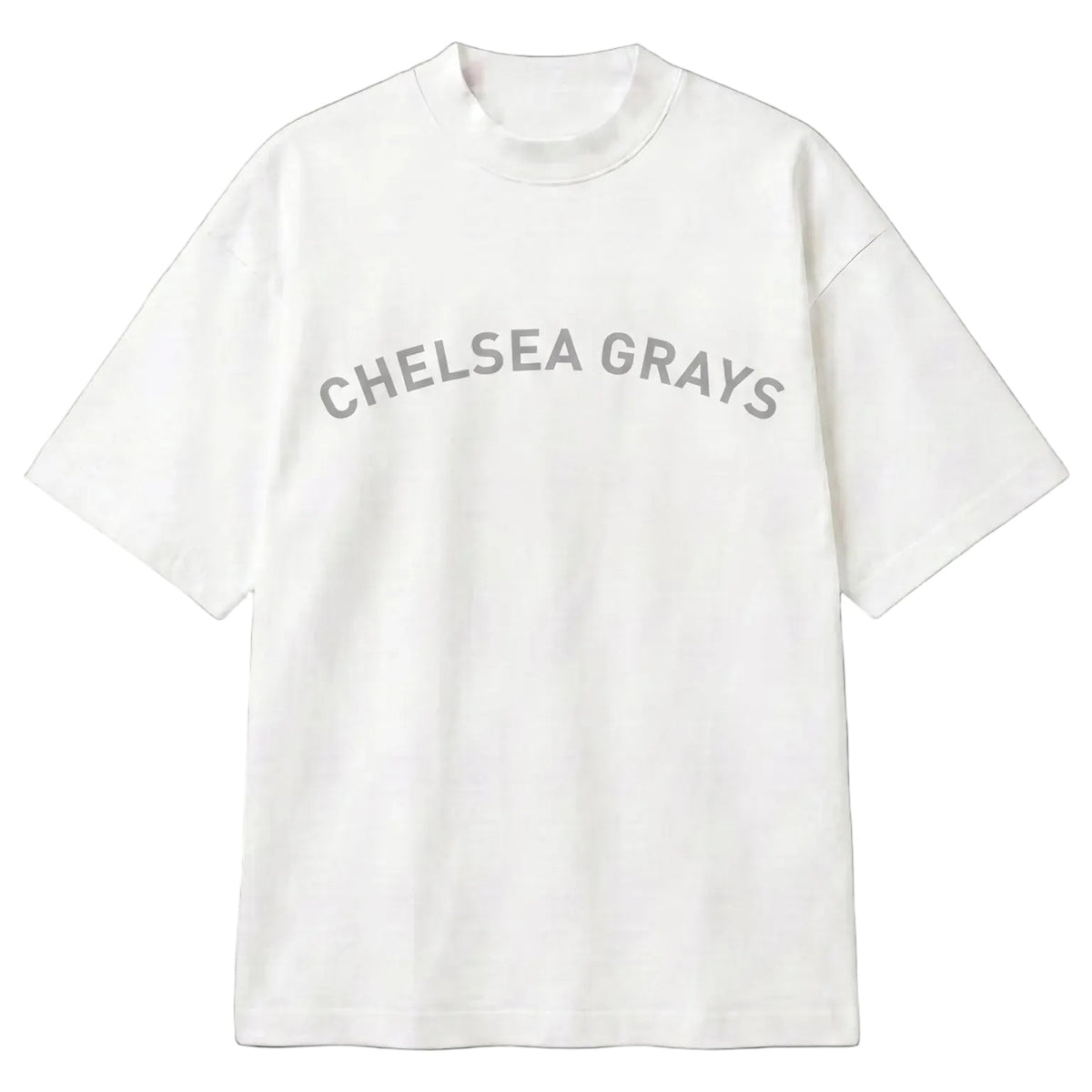 A white short-sleeve crewneck t-shirt featuring the text 'CHELSEA GRAYS' printed in gray across the chest, displayed on a clean white background.