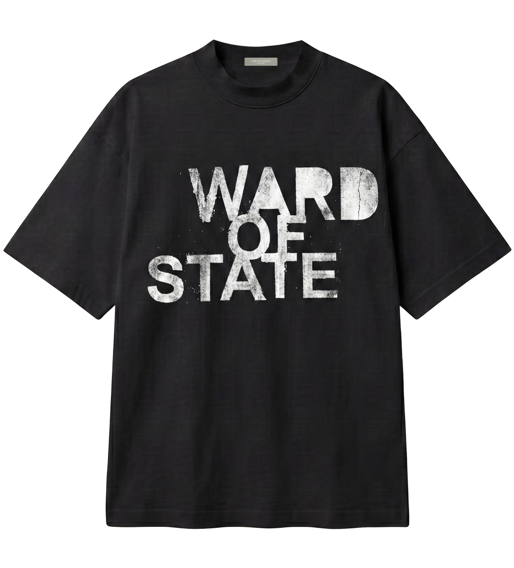 A black short-sleeve crewneck t-shirt with a distressed white graphic print reading 'WARD OF STATE' across the chest, displayed flat against a solid white background.