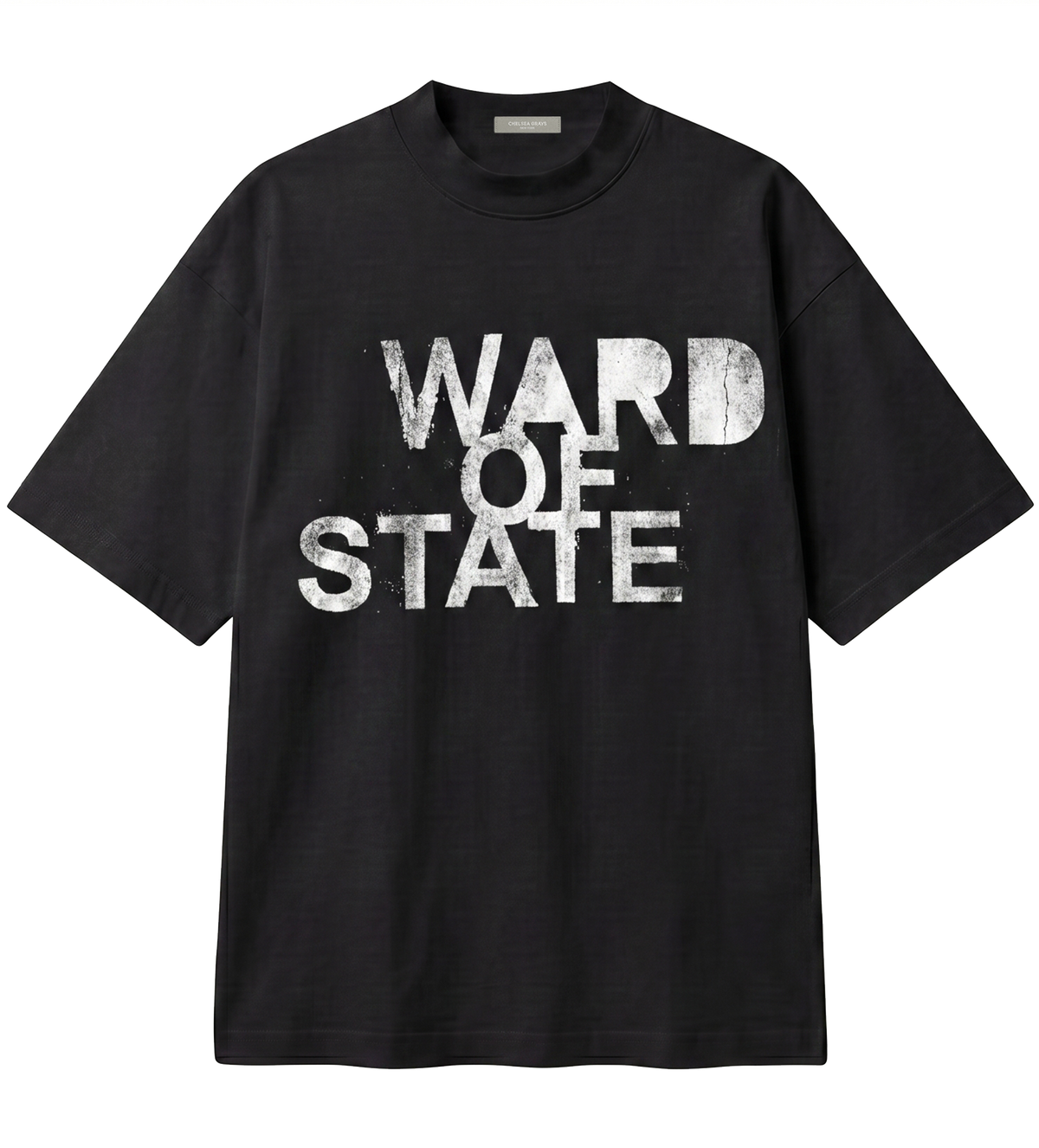 A black short-sleeve crewneck t-shirt with a distressed white graphic print reading 'WARD OF STATE' across the chest, displayed flat against a solid white background.